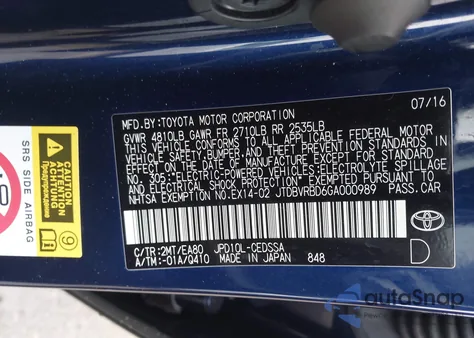 2016 Toyota Mirai from USA, damaged, VIN JTDBVRBD6GA000989